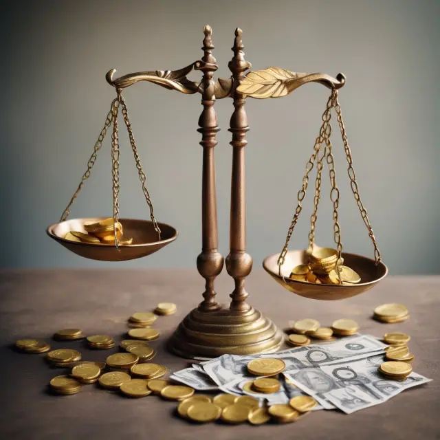 A balance weighs gold coins and fiat currency notes to illustrate the contrast between traditional commodity-backed currencies and modern fiat money.