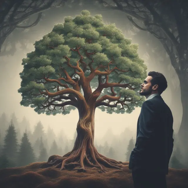 An institutional investor studying a tree with branches representing Fibonacci extensions, focusing on potential profit targets and areas of support/resistance