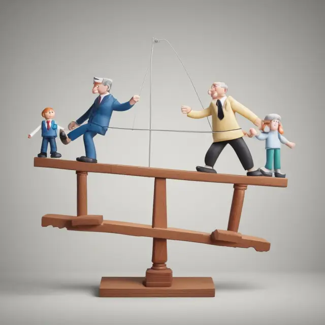 Two figures on a seesaw represent employer and employee sharing Medicare tax burdens under FICA