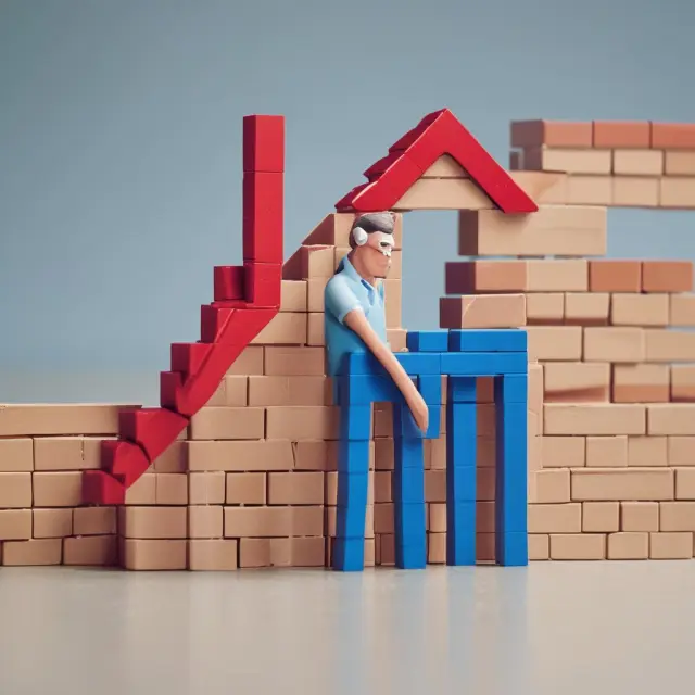 Employees and employers building a house using red and blue bricks representing Social Security and Medicare taxes, illustrating their shared responsibility.