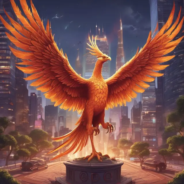 A mythical digital Phoenix representing FICC, rising from ashes and embracing blockchain technology in a digitized financial landscape