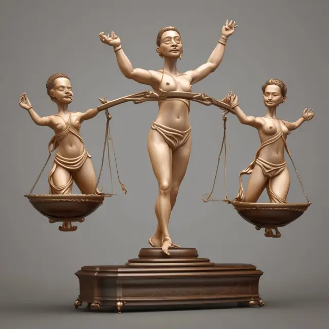 Balance scale with five dancers representing Payment History, Amount Owed, Credit Mix, Length of Credit History, and New Credit impacting a FICO score