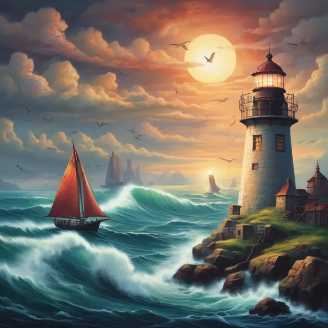 Image of multiple lighthouses signifying FICO score ranges (Excellent, Good, Fair, Poor, and Very Poor) guiding a ship through the sea, representing creditworthiness.