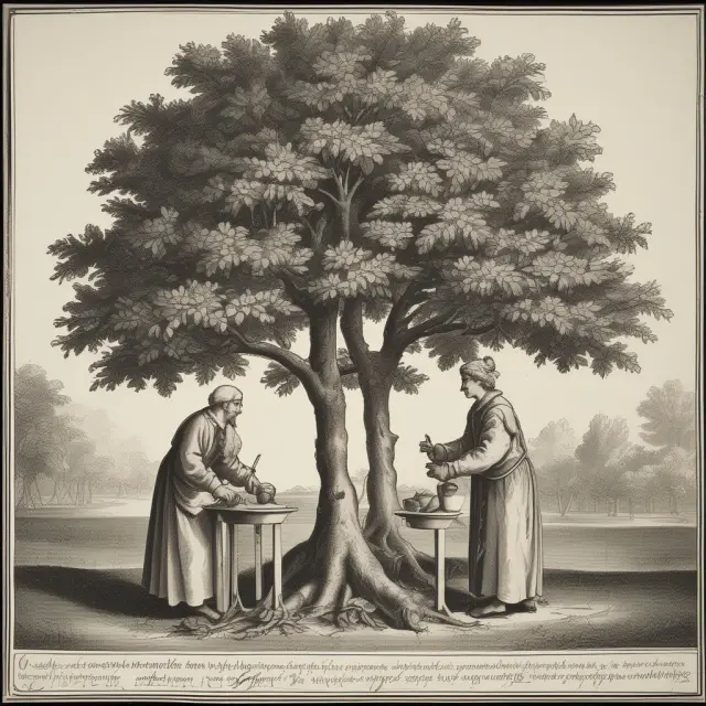 Gardener (Trustee) tending to a flourishing tree, supplying fruit for Beneficiary