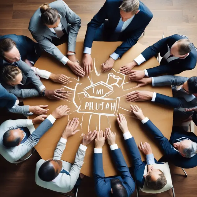 Two groups: board members in suits and shareholders gathered around a table, symbolizing trust and collaboration. Duty of care, loyalty, and good faith bridge the gap between them.