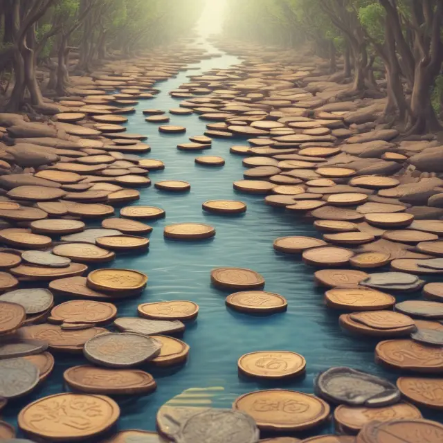 An old coin river merges with new coins, representing the First In, First Out (FIFO) method for inventory management and its financial benefits