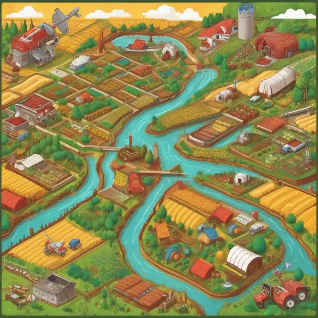 Scene featuring agricultural fields, factories, and various industries functioning in harmony with FIFO method