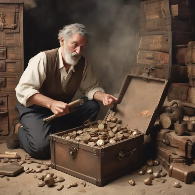 A wise keeper releases older stock from a treasure chest, reflecting the First In, First Out (FIFO) accounting technique