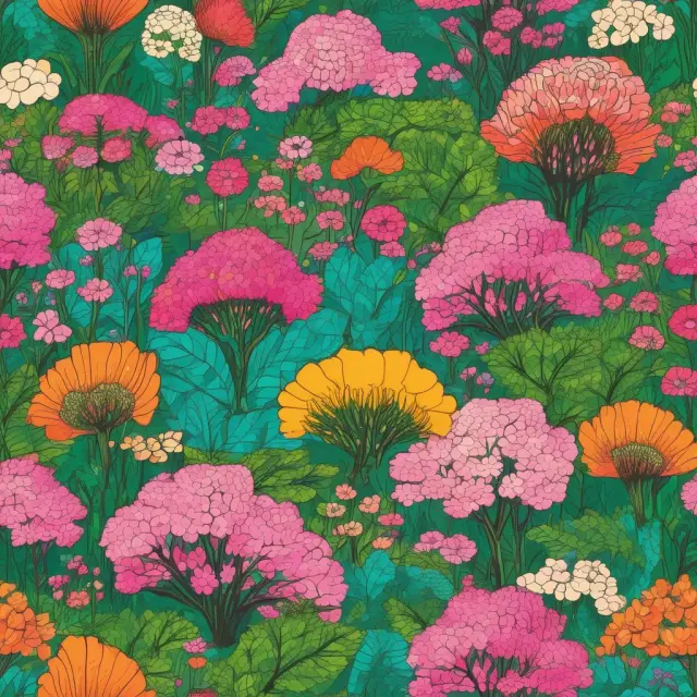 Vibrant garden with hedge funds, pension funds, mutual funds, and investment banks blooming, enhancing international financial diversity