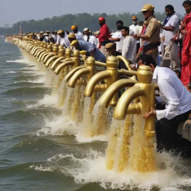 Foreign Institutional Investors (FIIs) pouring gold coins symbolizing capital into India while Indian regulators ensure stability from the shore