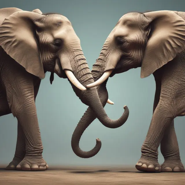 Two large elephants merging trunks, representing married filing jointly status and the interplay of their incomes on tax rates