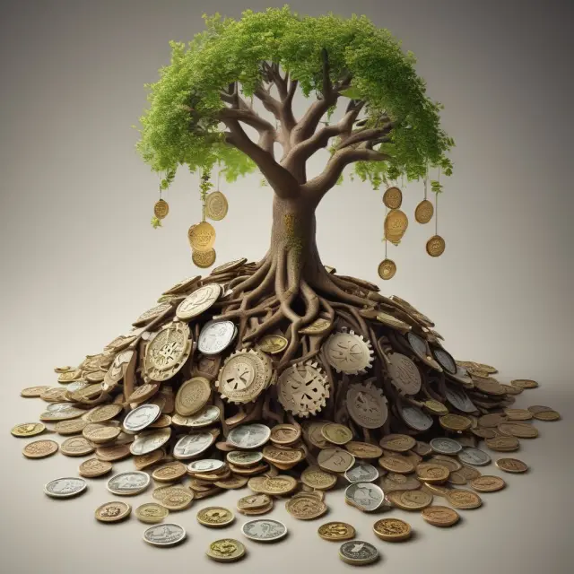 An intricately designed money tree with interest rate gears growing from its roots, illustrating the concept of interest rates in finance