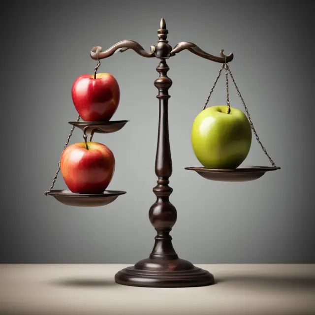 Two fruits (an apple for secured financing and a pear for unsecured financing) on separate scales; the apple has a lower weight, representing smaller interest rates in secured loans.