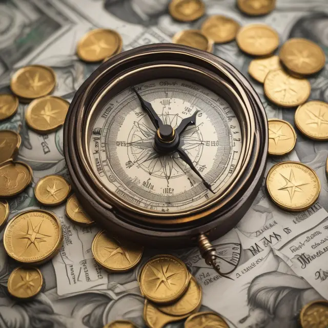 A financial advisor holding a compass on a mountain trail, with income streams symbolized by gold coins