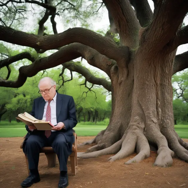 Warren Buffett examining financial statements atop an old oak tree, embodying fundamental analysis and business growth.