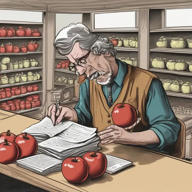 Scholar with magnifying glass examines three apples: one labeled 