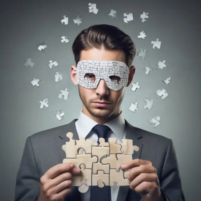 An analyst with a blindfold puzzling over incomplete financial data, representing the limitations of financial analysis