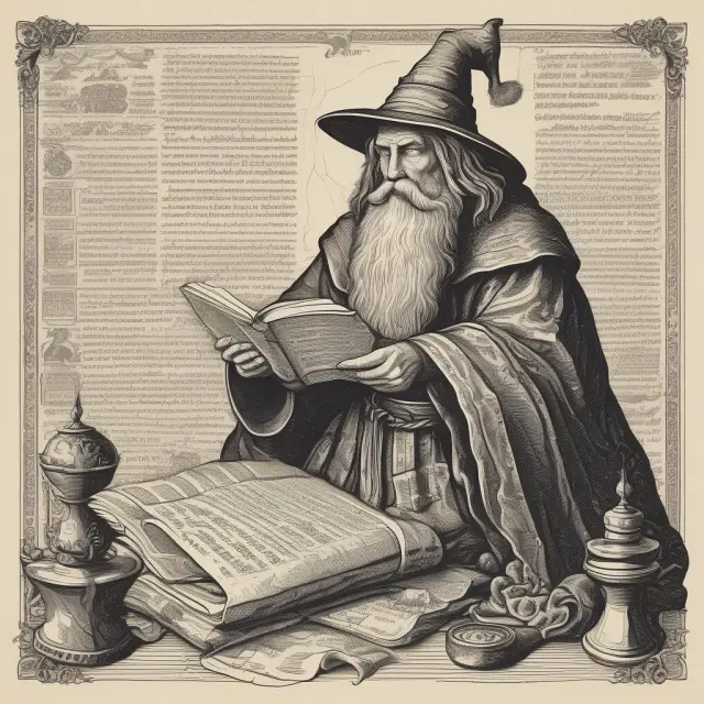 An old wizard analyzing historical financial data using scrolls to reveal trends and insights
