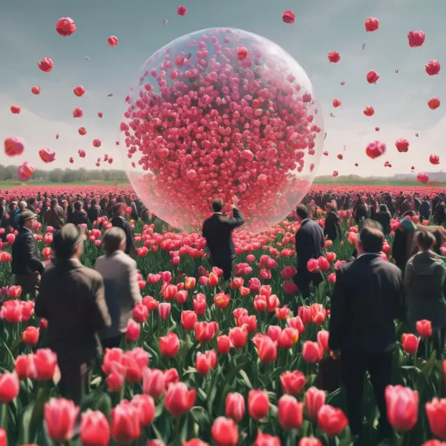 An exploding financial bubble filled with tulips, signifying overvalued assets, and a stampeding crowd of humans illustrating human behavior during a crisis