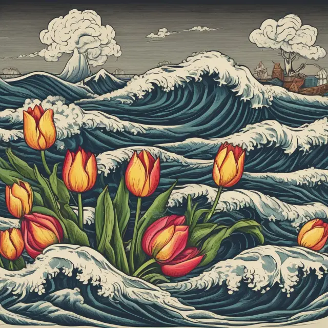 A timeline of financial crises, from Tulip Mania to COVID-19, represented by waves crashing on the shore.
