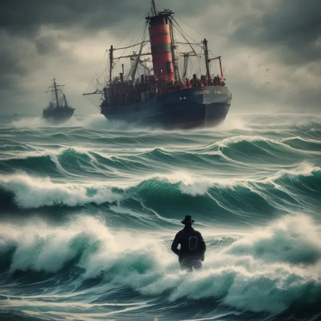 Financial crisis: Waves of banking panics and credit crunches depicted as a stormy sea challenging financial institutions.
