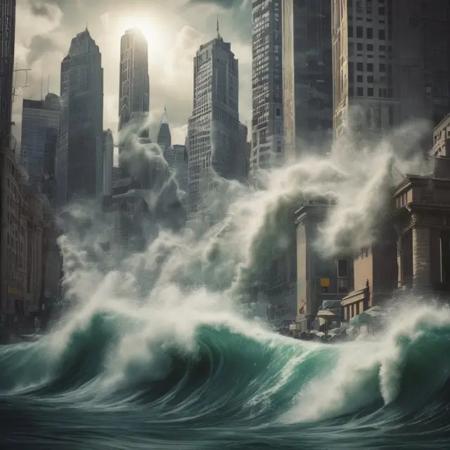 A cityscape of stock tickers and charts submerged by turbulent waves, representing various financial crashes