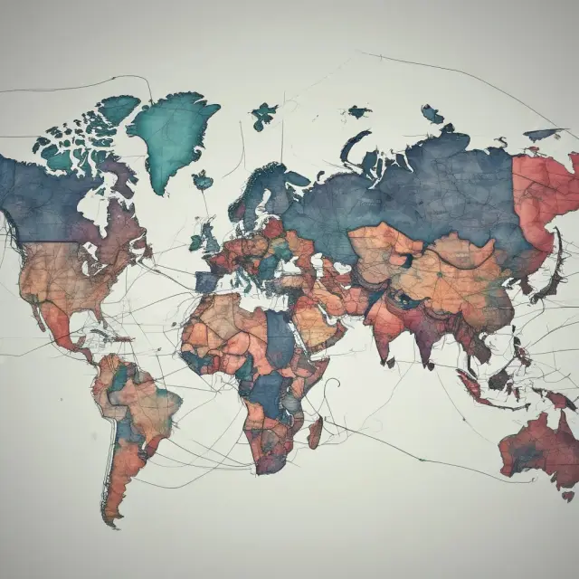 An intricate web showcasing various countries with some displaying a red 