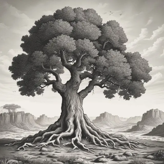 A wisdom tree with roots symbolizing historical financial crises and branches offering lessons to modern investors