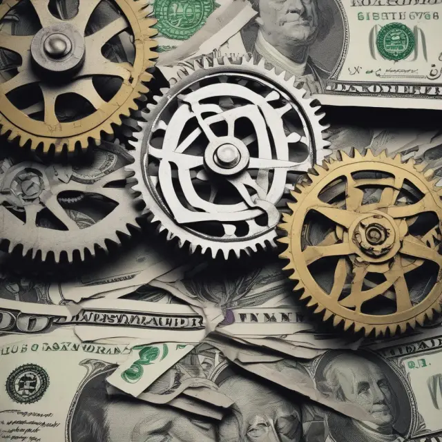 A clockwork mechanism filled with dollar bills representing Time Value, Risk, and Opportunity Costs