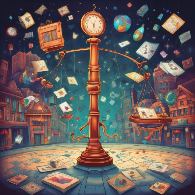 Individuals at a market crossroads represent microeconomics; scales weighing financial data depict accounting, while a kaleidoscope of risk illustrates probability & statistics.