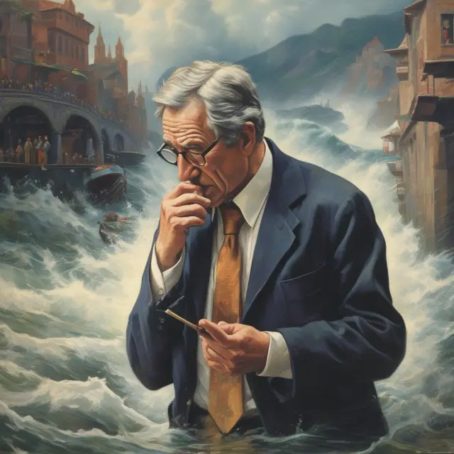 An emotional tide ebbing and flowing through a financial ocean, depicting the influence of irrationality on market efficiency