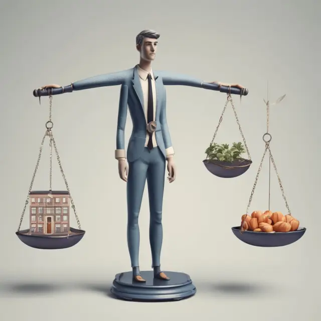 An investor weighs various asset classes and sectors on a balanced scale, representing portfolio diversification