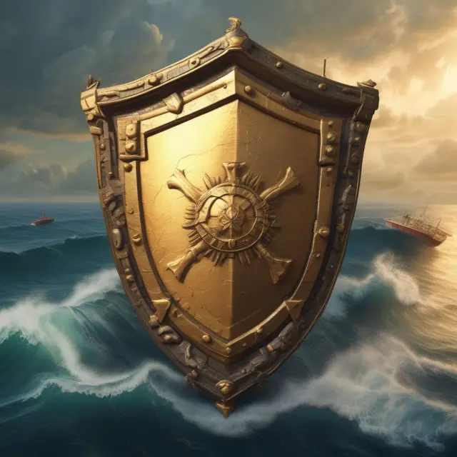 A golden shield consisting of gold bars and oil barrels safeguards a sailing ship from market volatility in this hedging strategies visualization