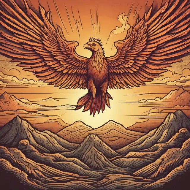 A mythical phoenix rises triumphantly over three financial instruments: an inverse ETF, bear fund, and option contracts.