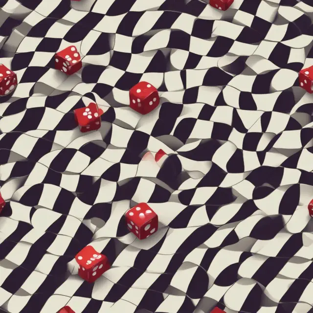 A set of dice tumbling on a checkered board, with each side displaying a symbol for market, credit, liquidity, or operational risk