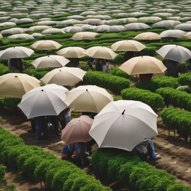 Farmers managing financial exposure through diversification and insurance, illustrated by diverse crops growing under protective umbrellas