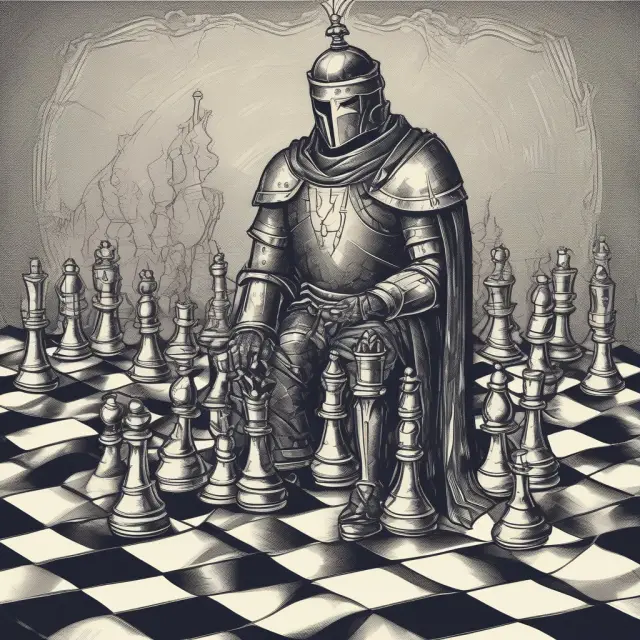 A corporate knight guards various personal pawns representing diverse borrowers on a chessboard, symbolizing the protection provided by corporate guarantees to individuals