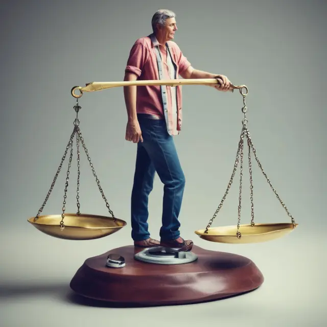 Person balancing assets and liabilities on scales for improved financial health
