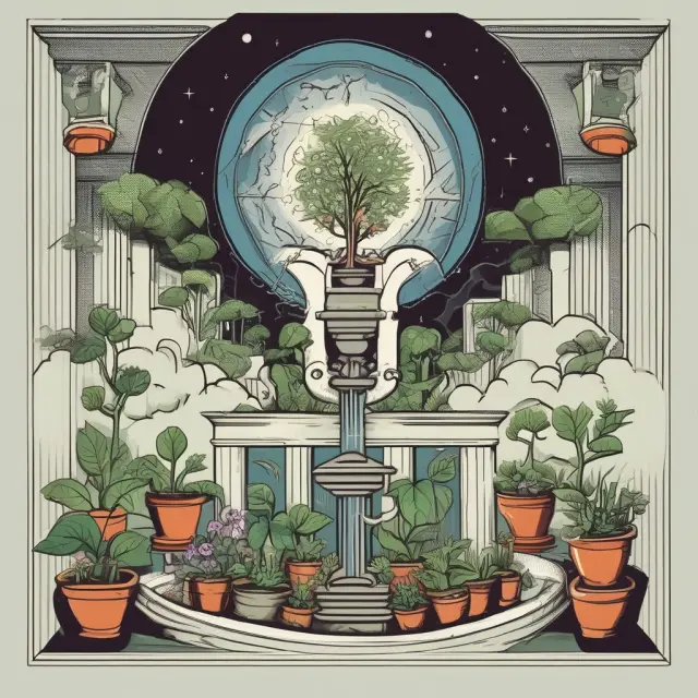 An institutional investor tends to a flourishing garden with income streams (trees) and savings pots (pots), emphasizing diversification and long-term growth.
