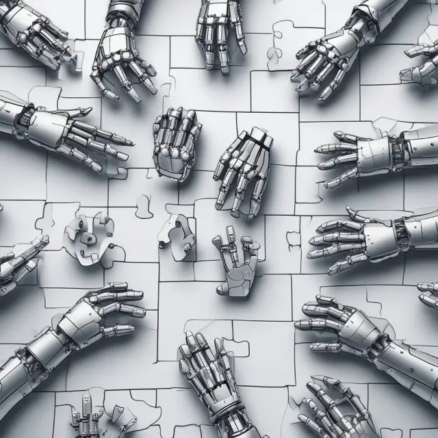 A robot hand assembles puzzle pieces representing robo-advisors and digital investing platforms, emphasizing the affordability and accessibility of investment opportunities for all.