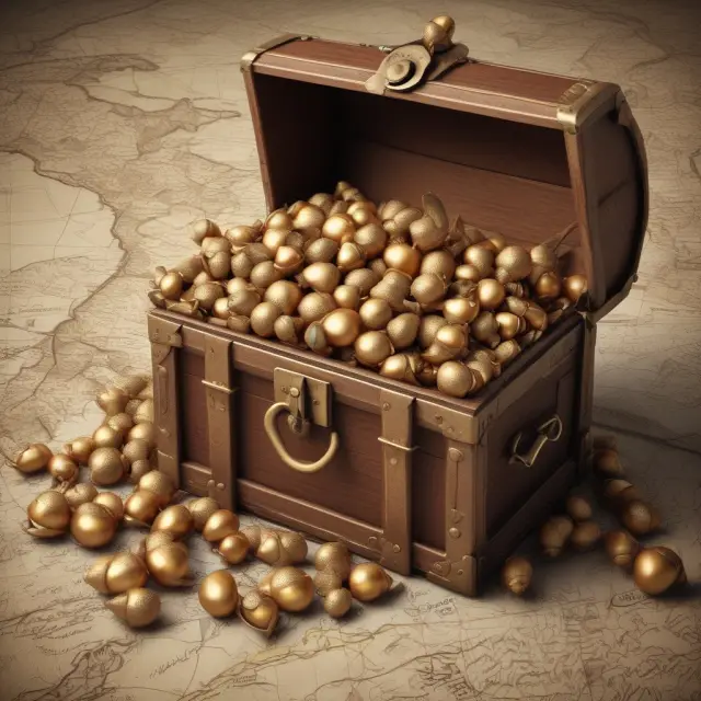 Golden acorns in a chest on a detailed map represent the fruits of meticulous financial planning for FIRE