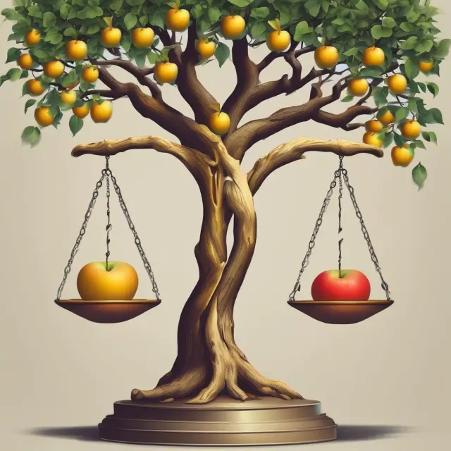Golden apples on a tree next to an hourglass, symbolizing the balance between maximizing income and minimizing time through economic discipline.