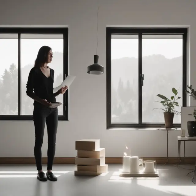 Person holding a scale next to a minimalistic house symbolizing the balance of budgeting and simplified living in FIRE