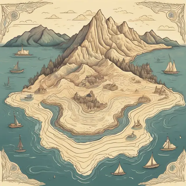 An elderly couple stepping onto a golden map, sailing towards an idyllic island signifying financial independence and peaceful retirement
