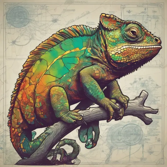 A chameleon morphing into an equities market lizard, bond alligator, forex snake, and derivatives fox – symbolizing FIX protocol