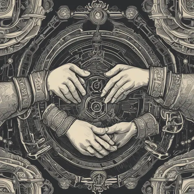 Scrolls symbolizing FIX messages are securely exchanged between participants wearing cybersecurity helmets at a bustling financial marketplace