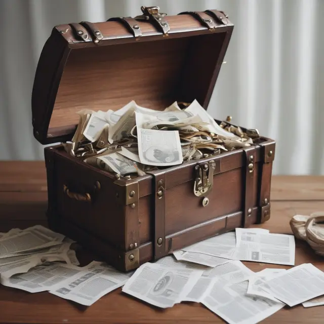 A large, ornate treasure chest filled with various financial documents representing budgets, savings plans, investment portfolios, and retirement strategies.