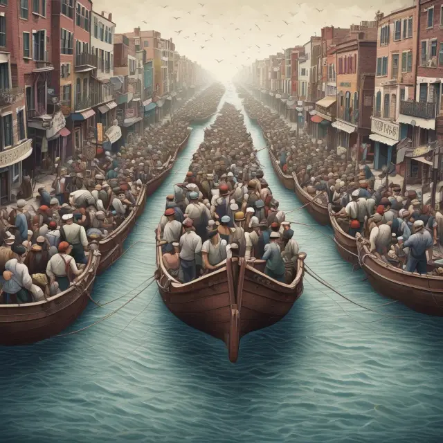 An image of people in boats representing individuals, adrift on a turbulent sea symbolizing financial instability, with the majority appearing financially illiterate.