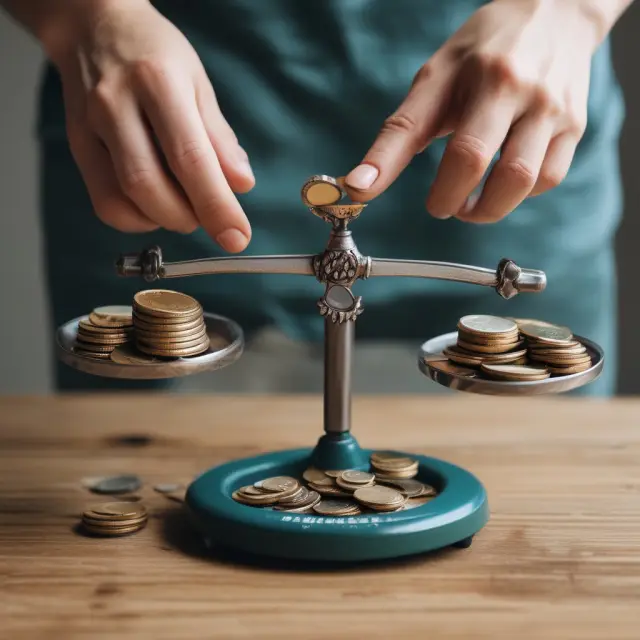 A person balances coins on a scale, representing the importance of managing day-to-day expenses while saving for future needs.