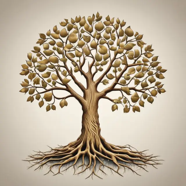 Image of a tree with retirement plans branching out, each holding golden acorn savings, rooted in long-term goals